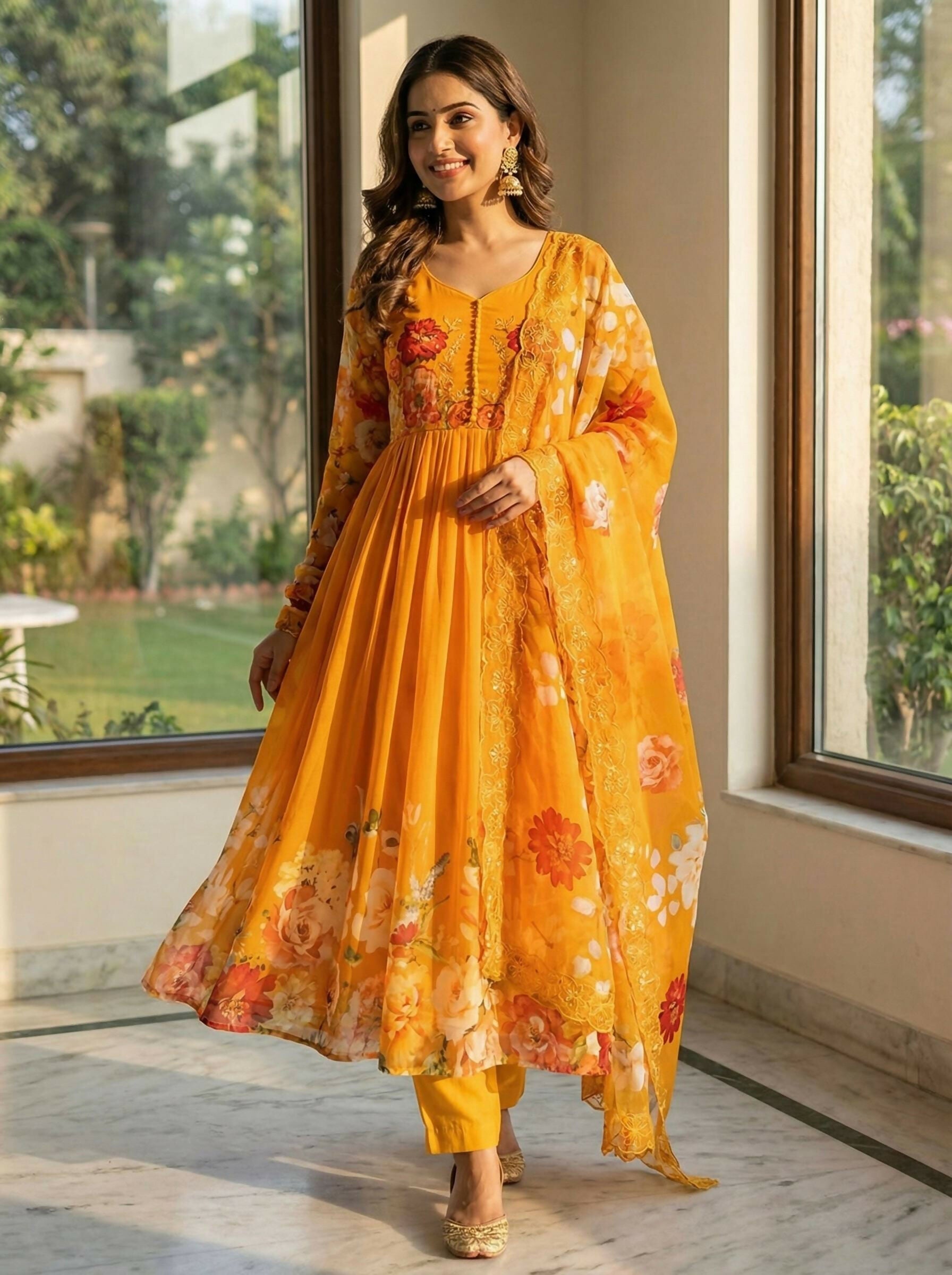 Teeya Creation Womens New Fancy Fox Georgette Heavy Quality Fabric With Handwork Orange Gown Set | Grocsy