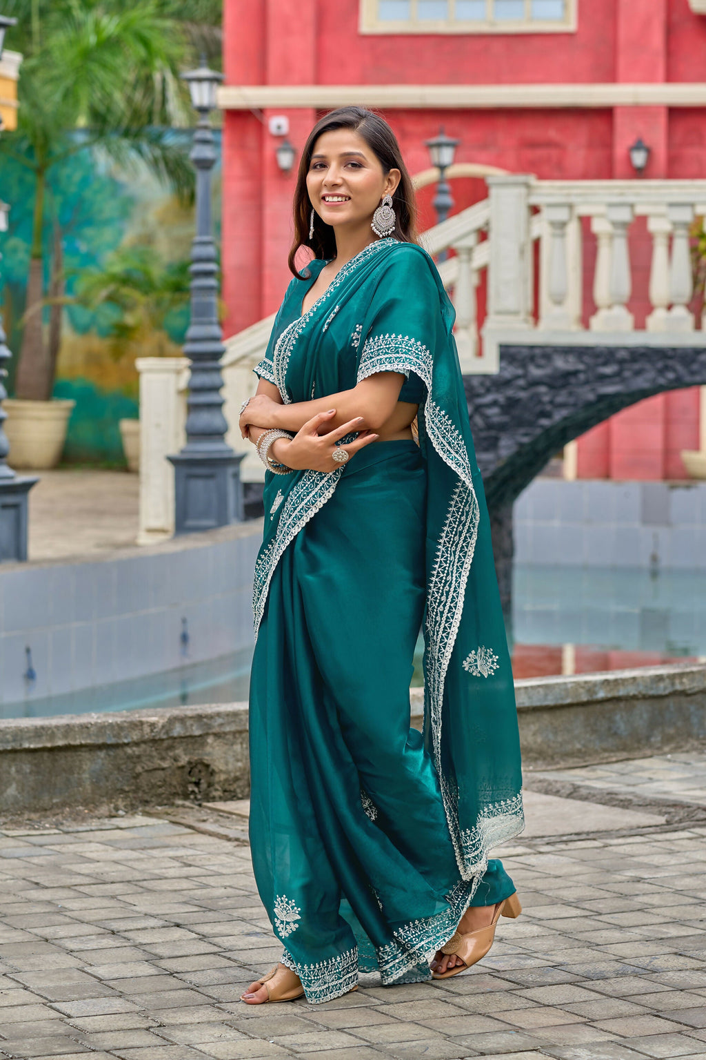 Vastranavya Rama Embroidery Work Shimmer Chiffon Saree with Unstitched Blouse | Grocsy