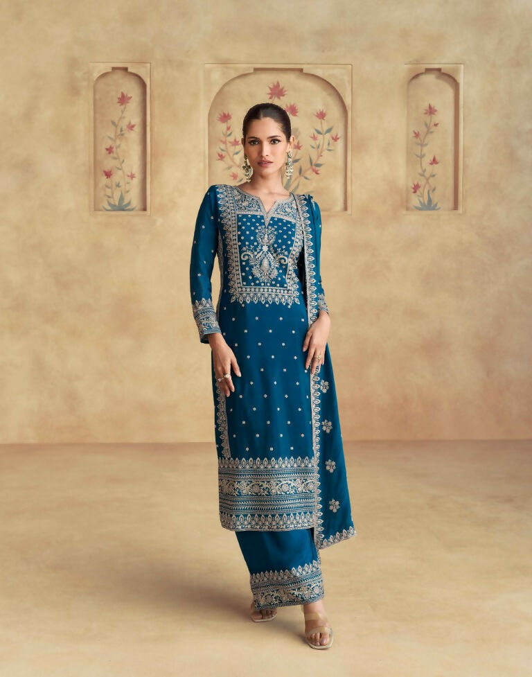 Vastranavya Teal Chinon Silk Embroidered Sequins Pakistani Straight Plaazo Suit | Grocsy