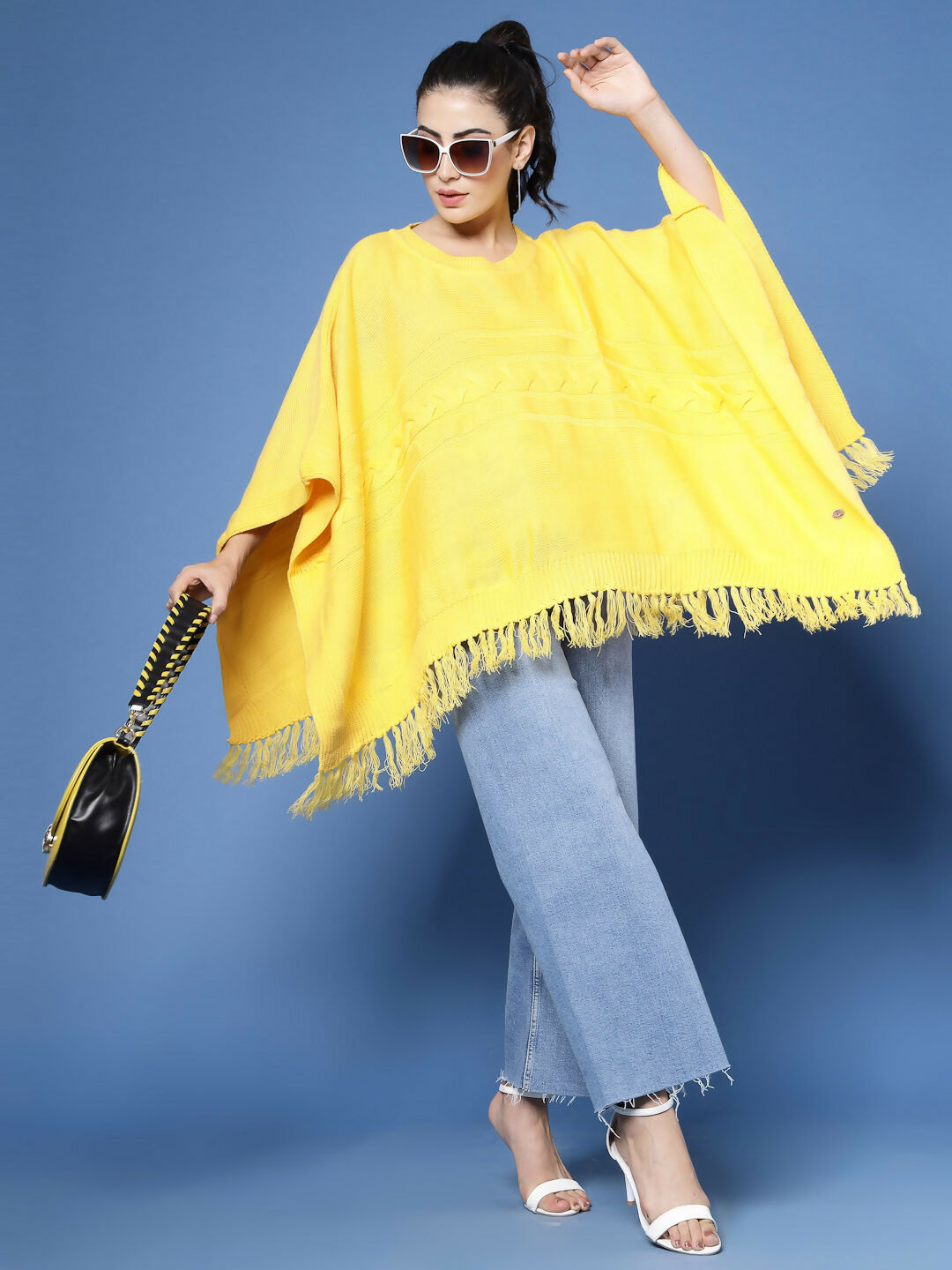 Women Yellow Acrylic Self Design Poncho - Wool Trees | Grocsy