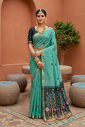 Vastranavya Sky Blue Muga Cotton Meenakari & Azarakh Pallu Saree with Contrast Blouse | Grocsy