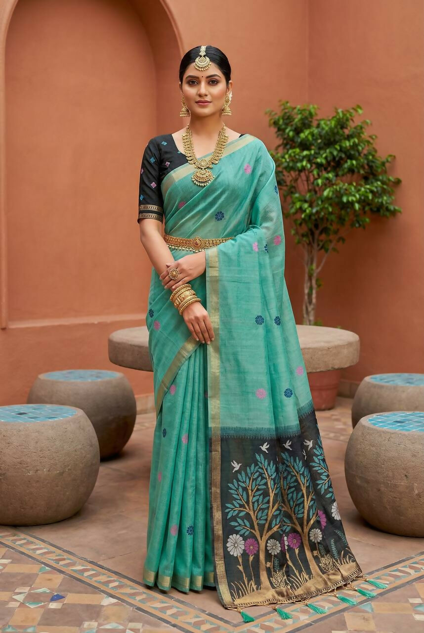 Vastranavya Sky Blue Muga Cotton Meenakari & Azarakh Pallu Saree with Contrast Blouse | Grocsy