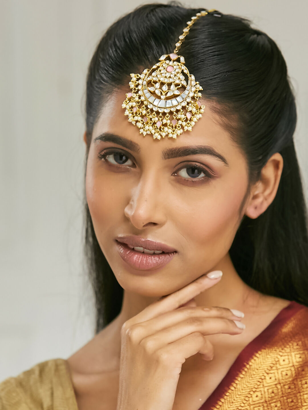 Nuyug 22K Gold-Plated Pearls & Pink Kundan Studded Statement Maang Tikka Head Jewellery | Grocsy