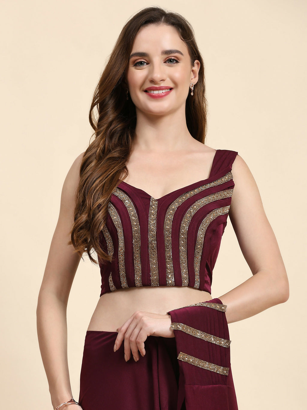 Maroon Polyester Solid Ready to Wear Saree with stitched Blouse - Nita | Grocsy