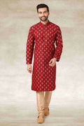 Raivat Ethnic Cotton Printed Work Kurta Pajama In Maroon Colour | Grocsy