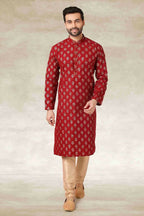 Raivat Ethnic Cotton Printed Work Kurta Pajama In Maroon Colour | Grocsy