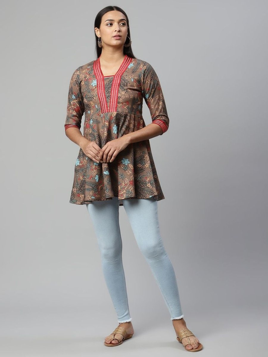 Ahalyaa Women Brown Cotton Digital Printed Tunic | Grocsy
