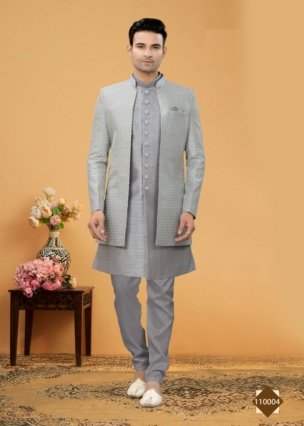 Joban Fashion Men's Grey Art Silk Plain Kurta Pyjama set | Grocsy