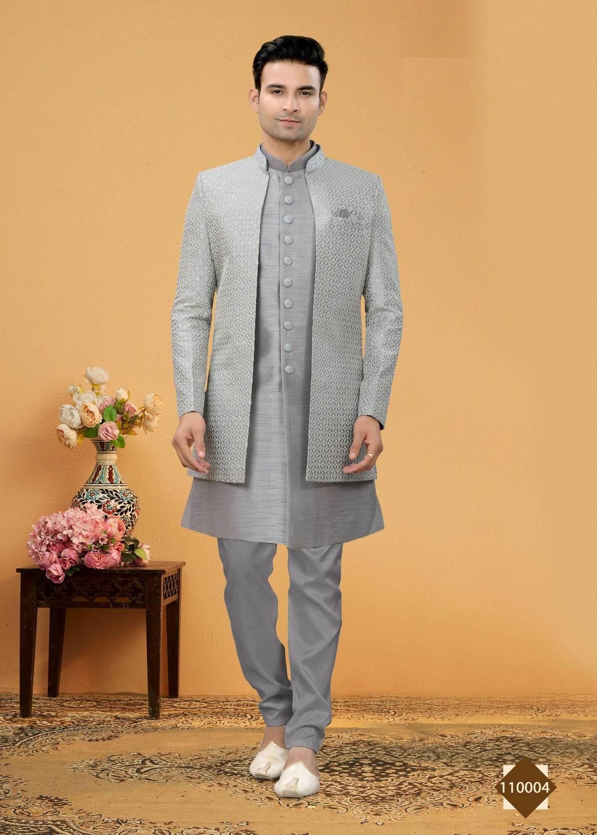 Joban Fashion Men's Grey Art Silk Plain Kurta Pyjama set | Grocsy