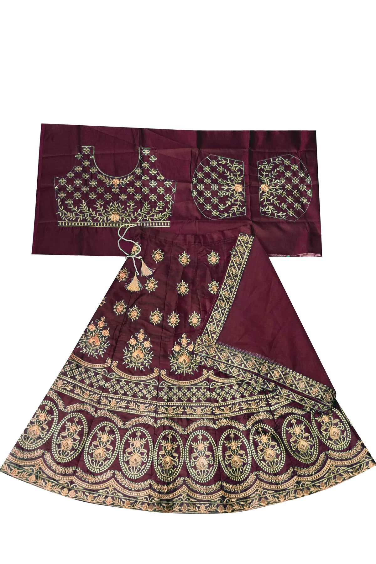 Dwiden Maroon Lehriyu Tafetta Sattin Semi-Stitched Girl's Lehenga Choli | Grocsy