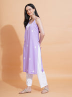 Pahnaz Luxury Rayon Chikankari Sleeveless Long Kurti-Lavender | Grocsy