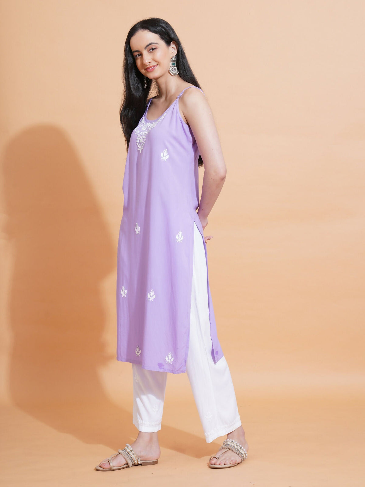 Pahnaz Luxury Rayon Chikankari Sleeveless Long Kurti-Lavender | Grocsy