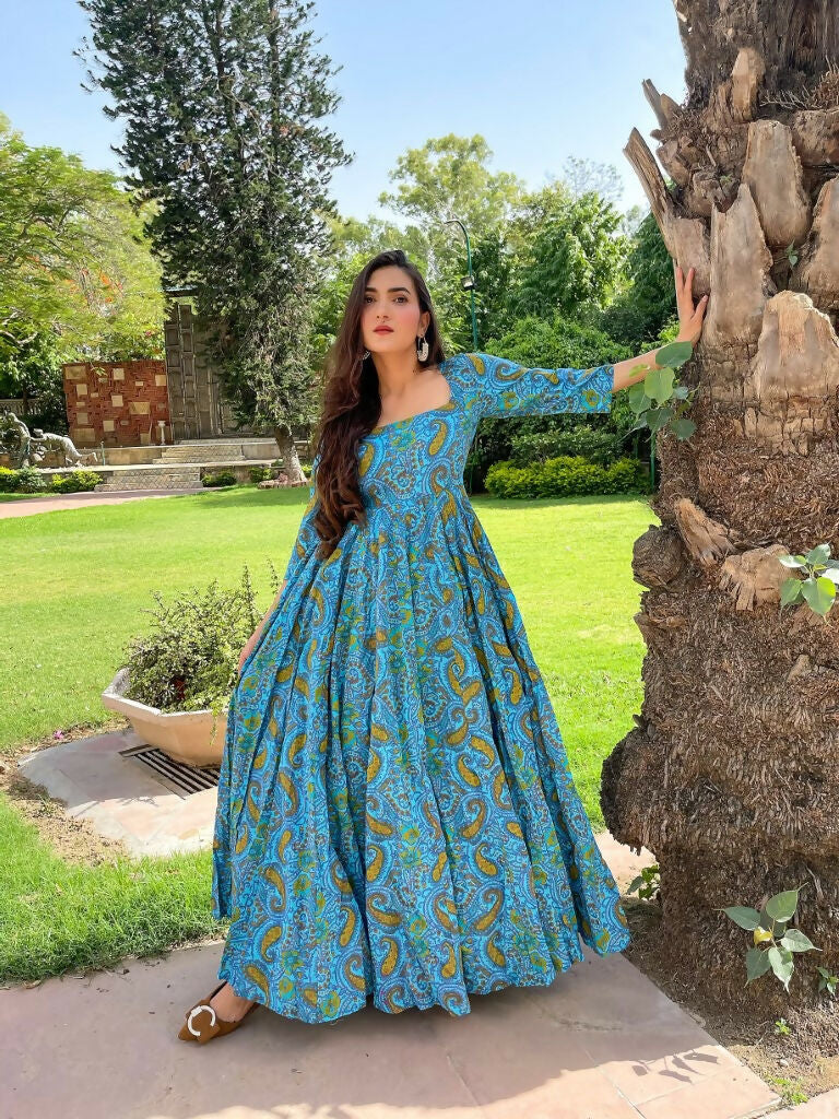 Jyoti Fashion Women's Turquoise Heavy Digital Printed Cotton Silk Anarkali Dress | Grocsy