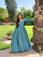 Jyoti Fashion Women's Turquoise Heavy Digital Printed Cotton Silk Anarkali Dress | Grocsy