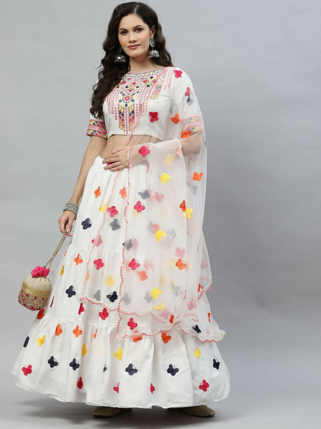 White Cotton Embroidered Work Lehenga Choli with Dupatta - Jivika | Grocsy