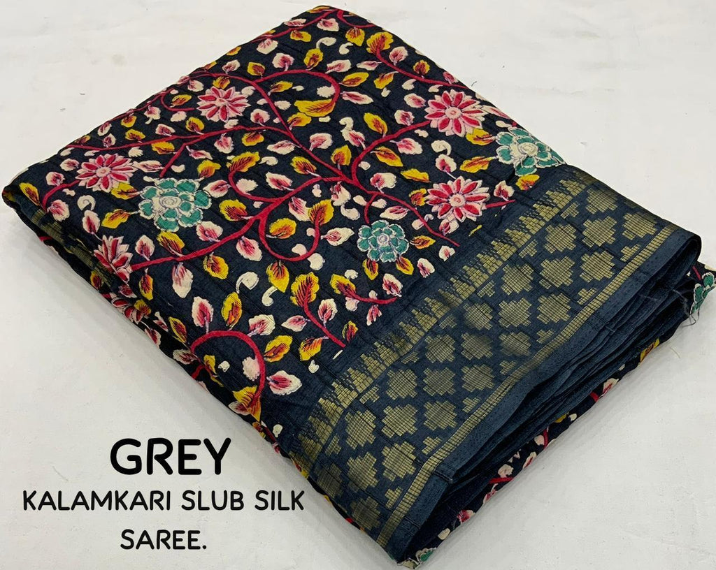 Grey Slub Silk Printed Saree with Unstitched Blouse - Hiral Fashion | Grocsy