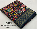 Grey Slub Silk Printed Saree with Unstitched Blouse - Hiral Fashion | Grocsy