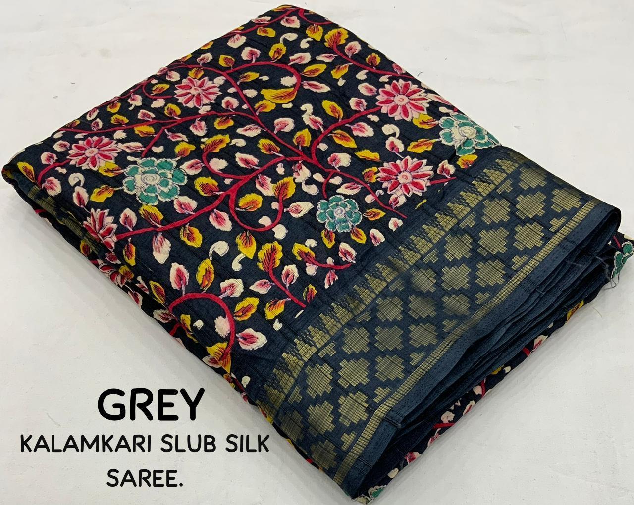 Grey Slub Silk Printed Saree with Unstitched Blouse - Hiral Fashion | Grocsy