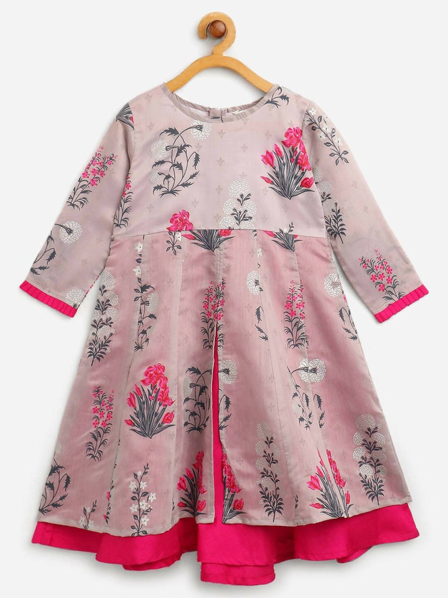 Ahalyaa Grey Chanderi Silk Pigment Print Kids Front Slit Kurta For Girls | Grocsy