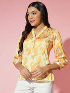 Myshka Women Mustard Floral V-Neck Regular Sleeves Polyester Top | Grocsy