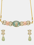Ruby Raang 22k Gold Polished Kundan And Mint Colored Stonework Choker With Matching Earrings | Grocsy