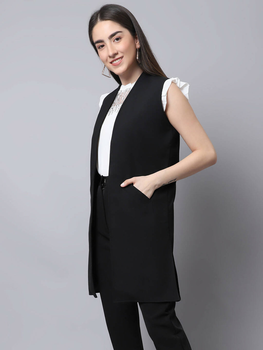 Even Apparels Black Polywool Open Front Women's Long Coat PW668 | Grocsy