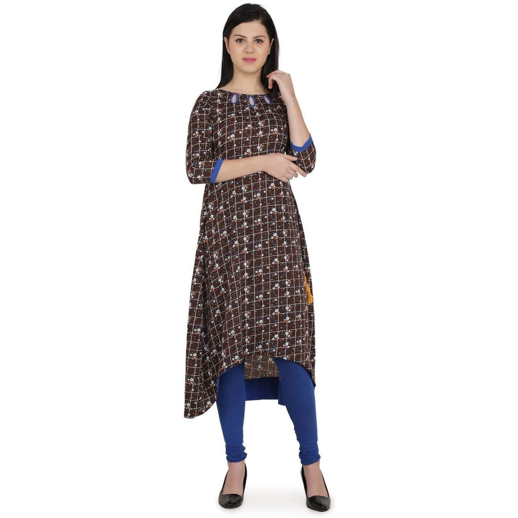 Kanoor Garments Women's Brown High Low Round Neck Kurti | Grocsy