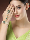 NVR Women's Green Gold-Polished Stone Studded Handcrafted Ring Bracelet | Grocsy