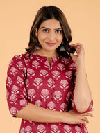 Aramya Pink Soft Cotton Block Print Straight Kurta Set for Women | Grocsy