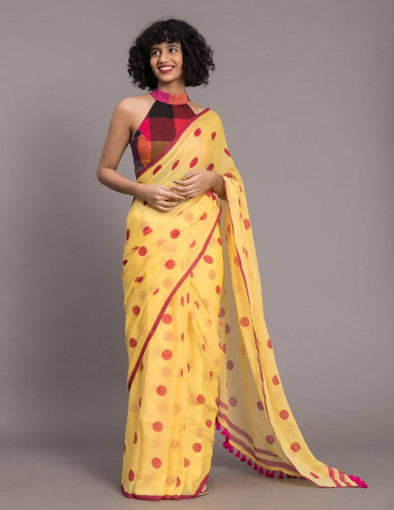 Suta Yellow Pink Polka Printed Pure Cotton Saree | Grocsy