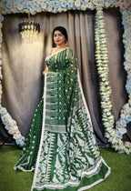 Exclusive Collection Beautiful Dark Green Jaal Jamdani Saree | Grocsy