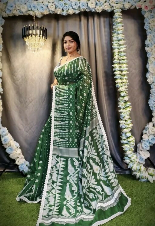 Exclusive Collection Beautiful Dark Green Jaal Jamdani Saree | Grocsy