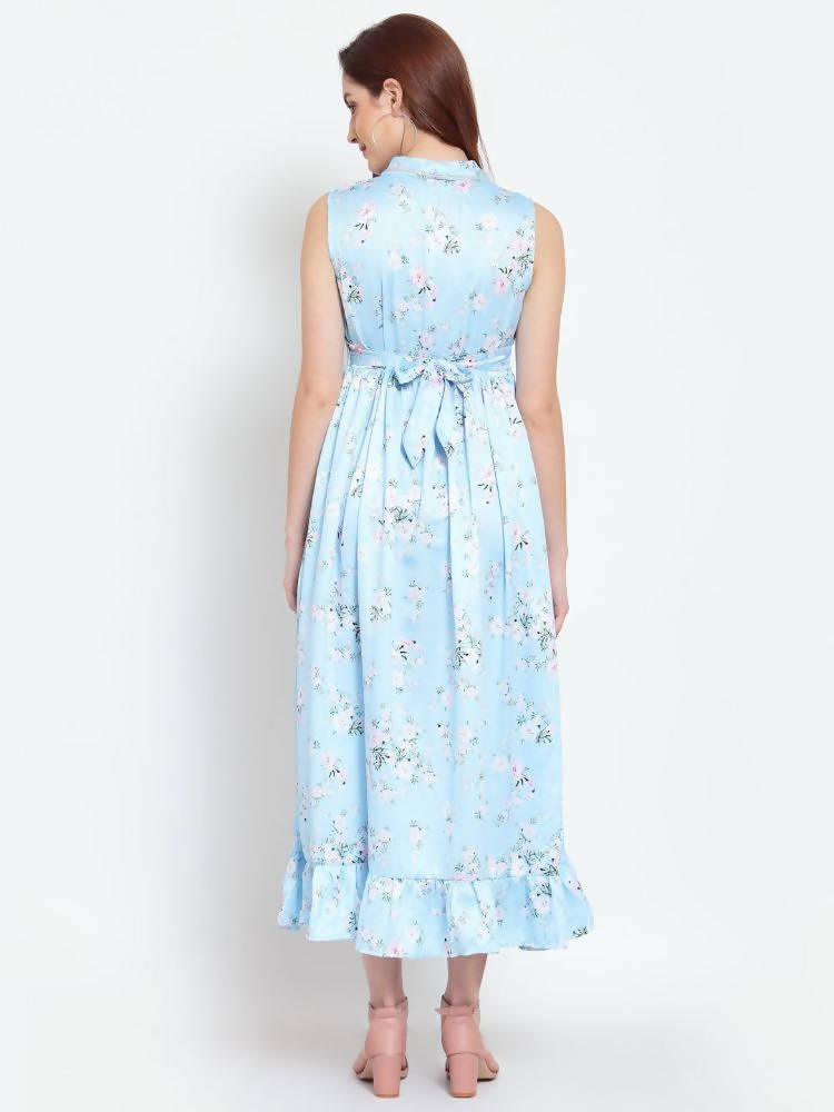 Myshka Women's Sky Blue Printed Cotton Blend Sleeveless Coller Casual Dress | Grocsy