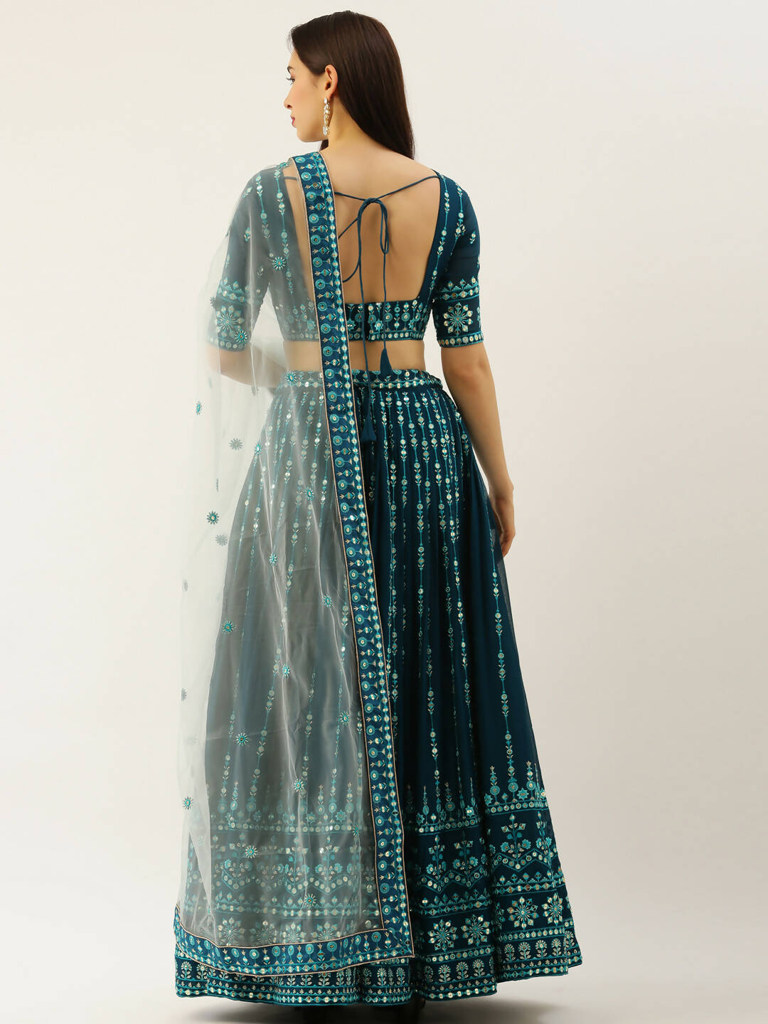 House of Panchhi Women Teal Georgette Sequins Work Lehenga & Blouse with Dupatta | Grocsy