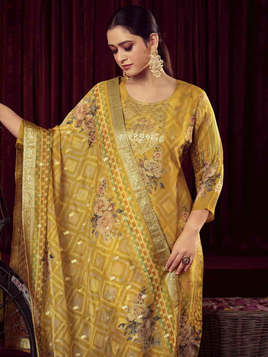 Jyoti Fashion Women's Mustard Organza Jacquard Woven Kurta with Trouser & Dupatta | Grocsy