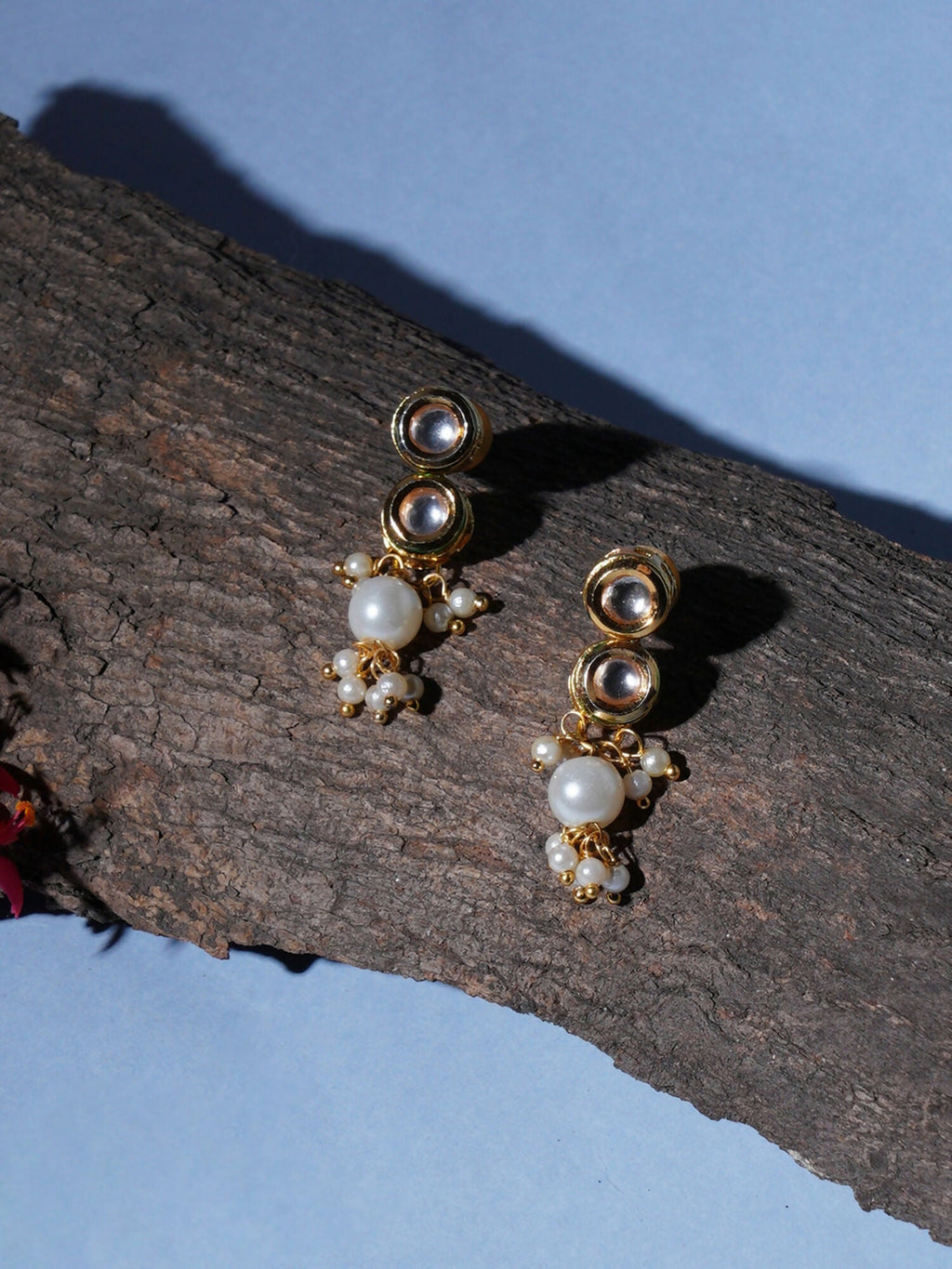 Kundan Earrings with Pearl Drops (Gold) - Ruby Raang