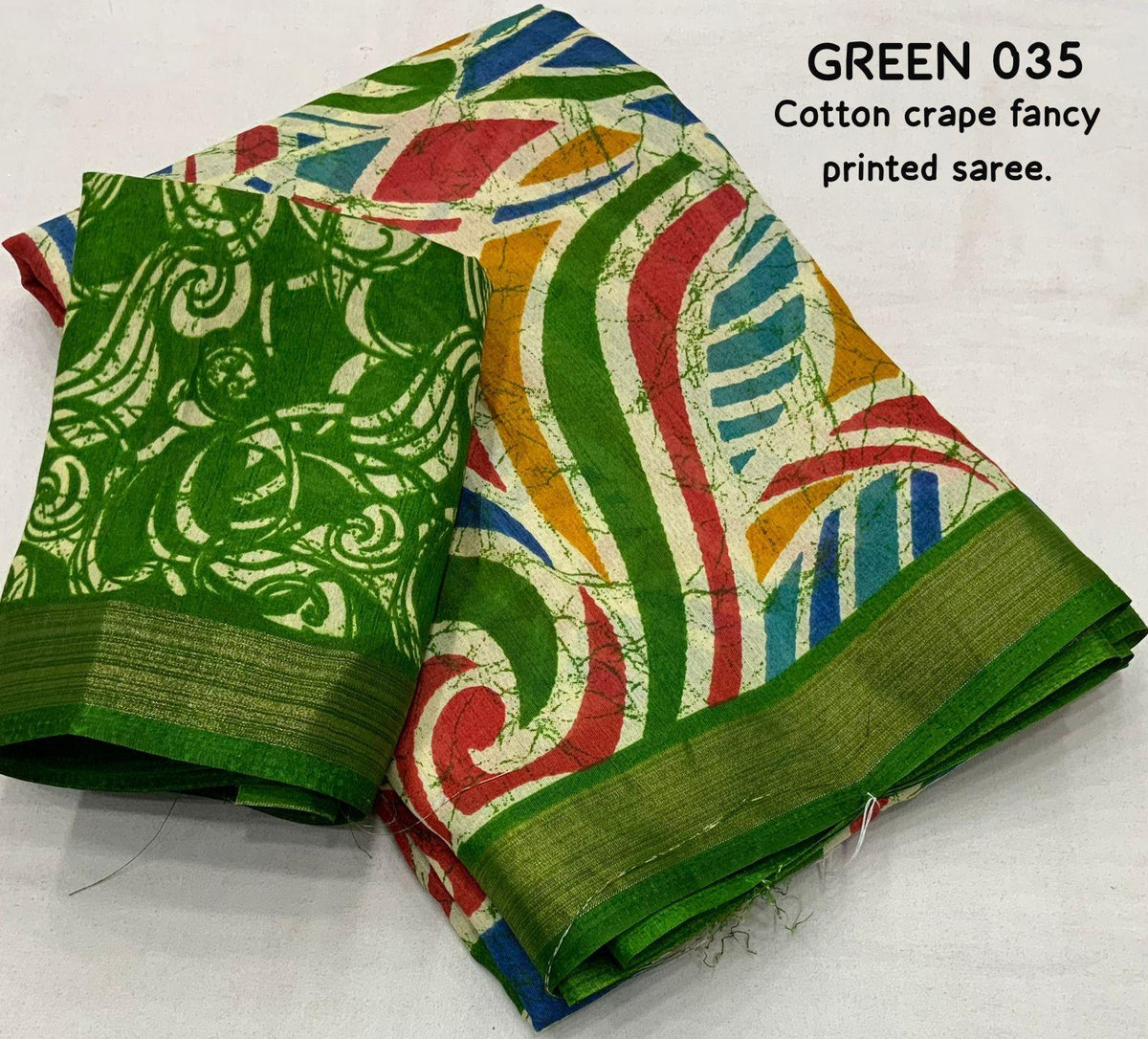 Green Cotton Crepe Batik Print Saree with Unstitched Blouse - Hiral Fashion | Grocsy