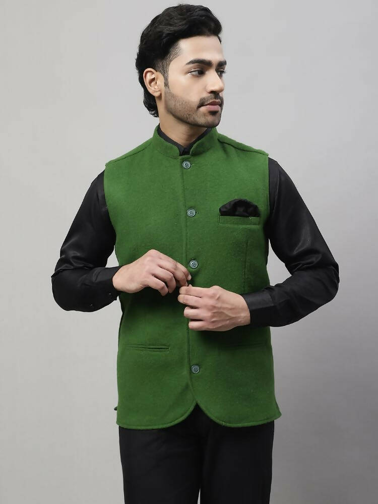 Even Apparels Pure Wool Nehru Jacket - Green | Grocsy