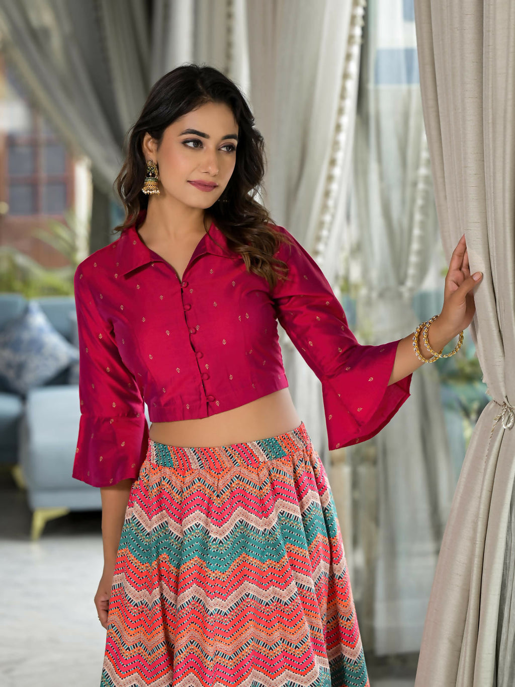 Juniper Women's Multi Ethnic Motif Printed Cotton Crop Top And Skirt With Lace & Button Detail | Grocsy