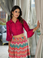Juniper Women's Multi Ethnic Motif Printed Cotton Crop Top And Skirt With Lace & Button Detail | Grocsy