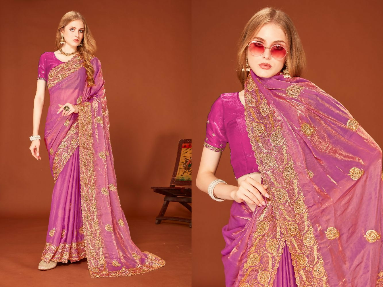 PR Fashion Dusty Pink Fendi Two Tone Silk Heavy Zari Embroidery Work With Zircon Work Saree | Grocsy