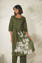 Miravan Women's Mehandi Pintucks Cotton Floral Straight Kurta and Palazzo | Grocsy