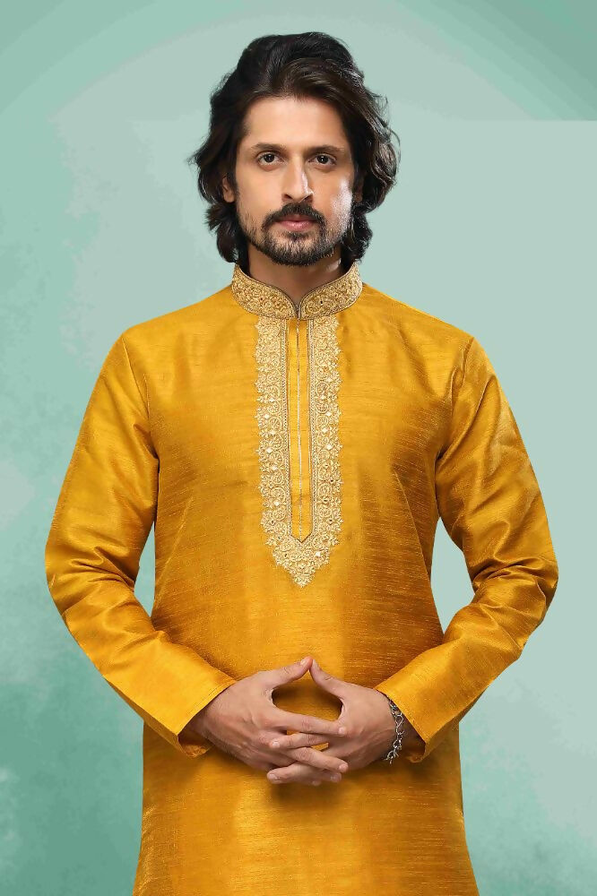 Raivat Ethnic Art Silk Mirror Embroidery Work Kurta Pajama In Mustard Colour | Grocsy