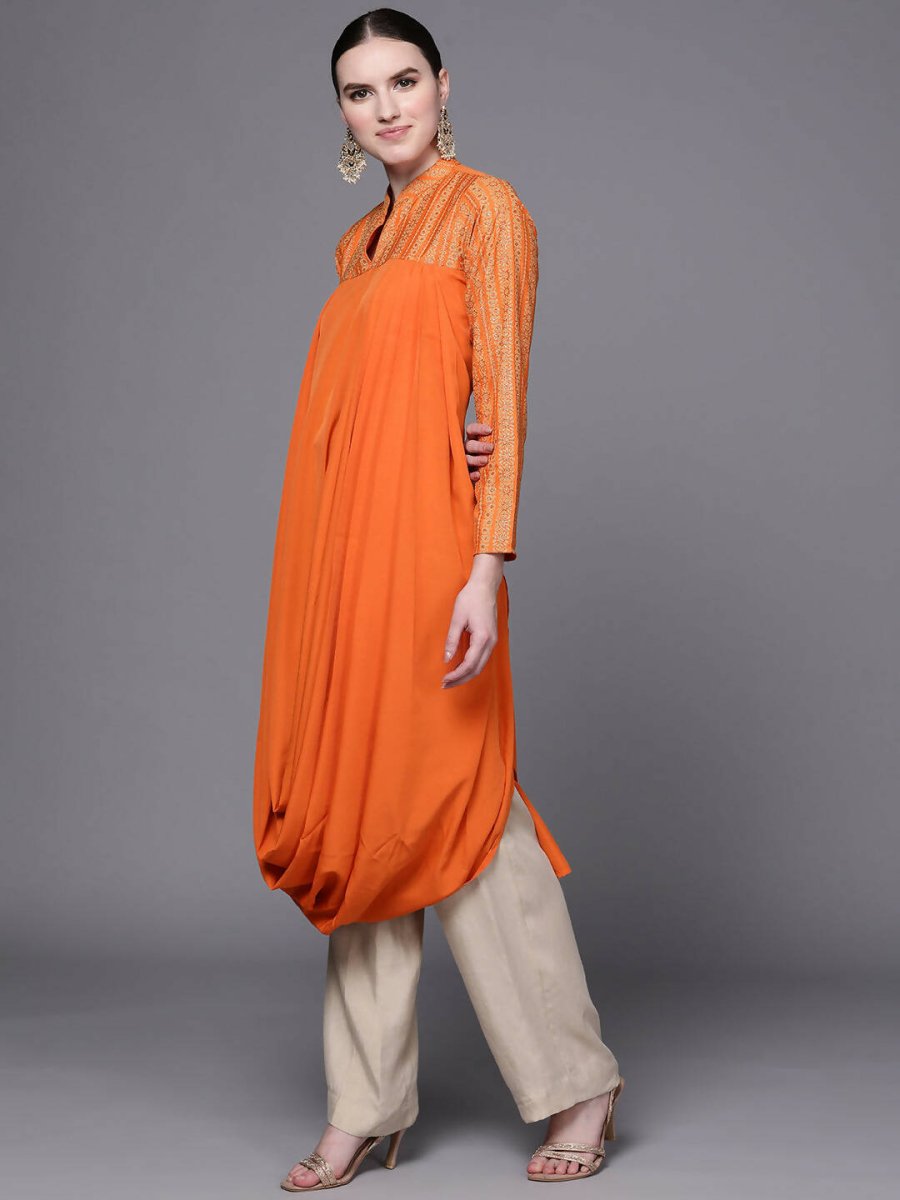 Ahalyaa Women Orange Ethnic Motifs Printed Crepe Cowl Kurta | Grocsy