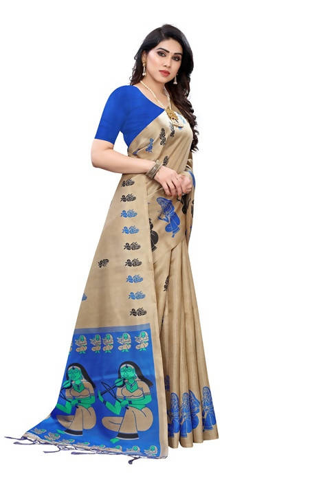 Vamika Brown Kalamkari Print With Jhalar Khadi Silk Saree (SHABRI ROYAL BLUE) | Grocsy