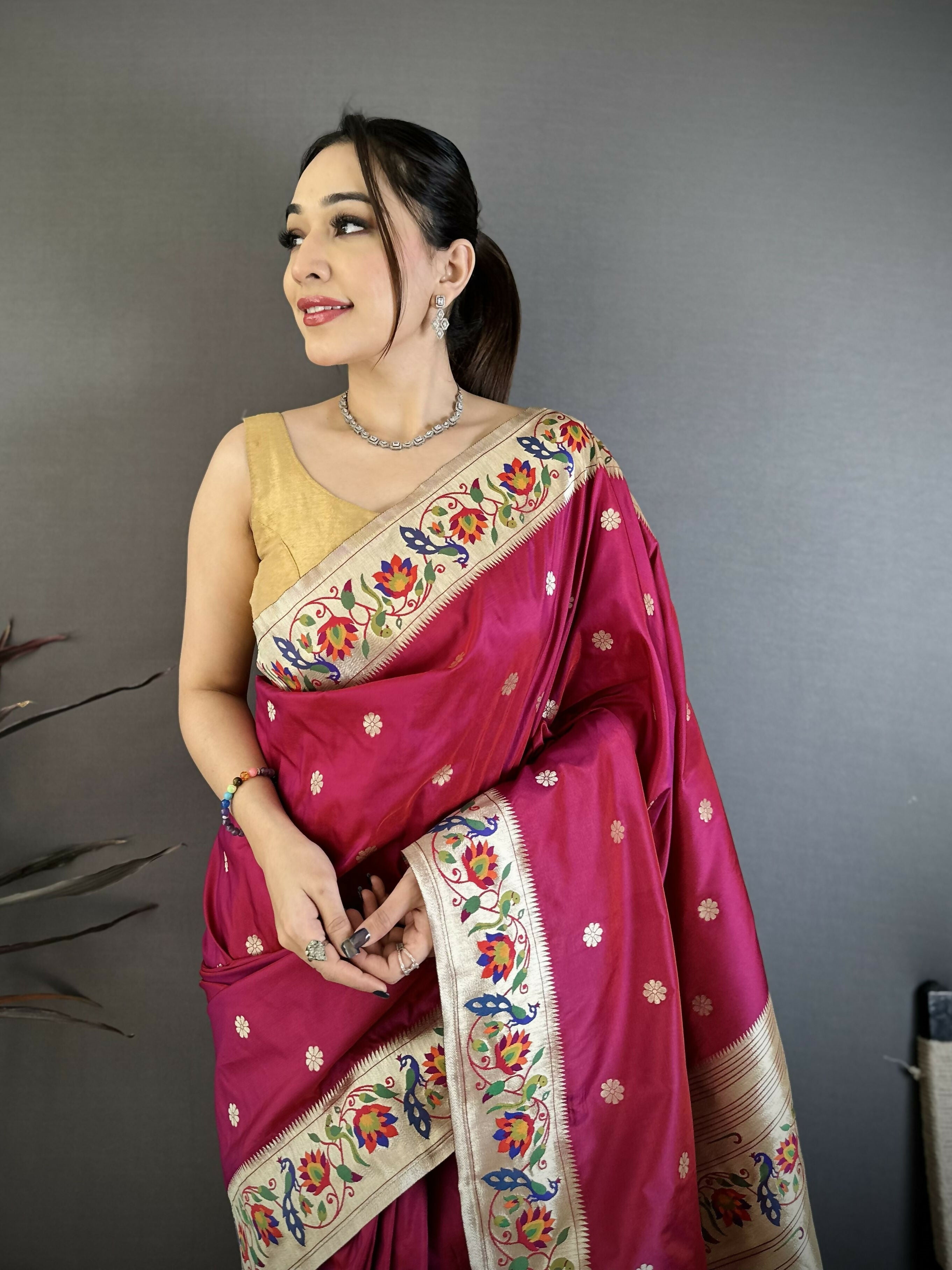 Prime Volt Premium Soft Silk Mayur Paithani Saree with Peacock Meena Weaving & Rich Pallu-Deep Maroon | Grocsy