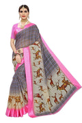 Vamika Rose and Grey Linen Digital Print with Satin Border Latest Saree | Grocsy