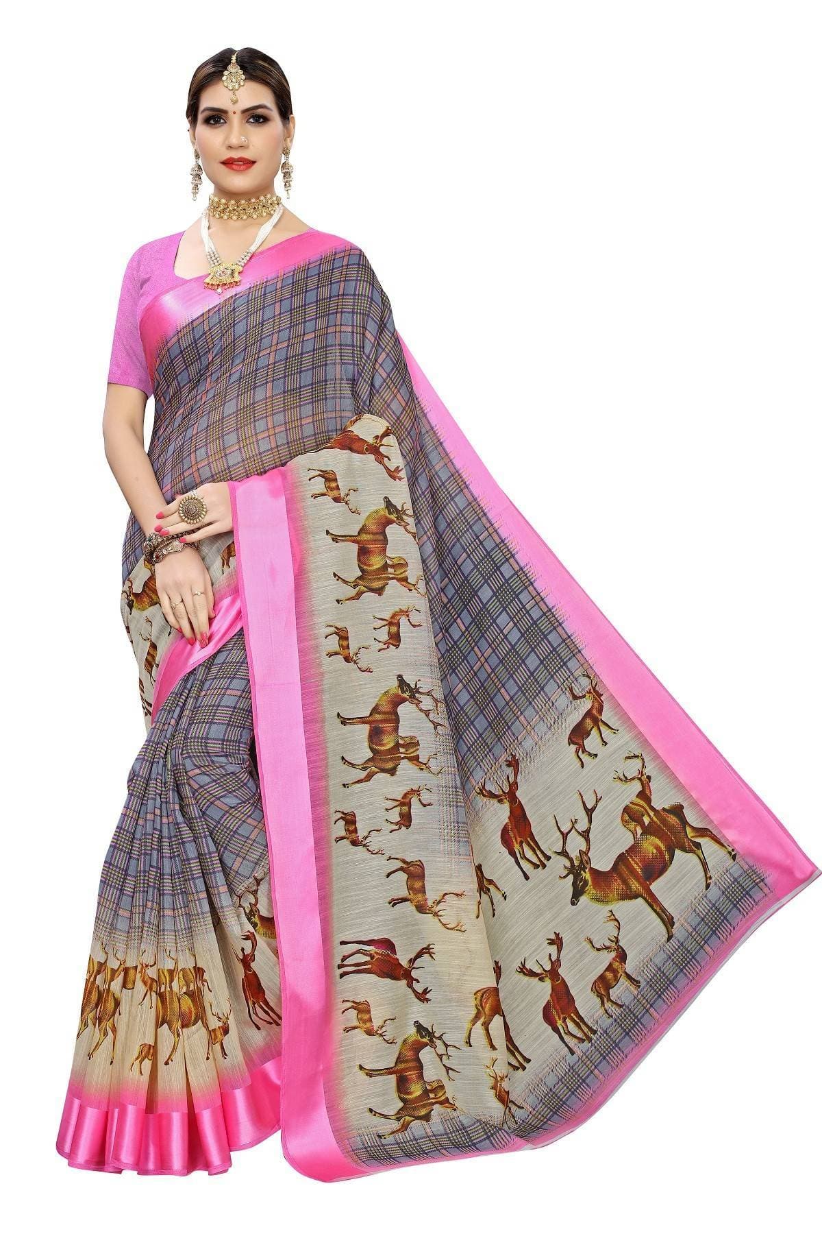 Vamika Rose and Grey Linen Digital Print with Satin Border Latest Saree | Grocsy