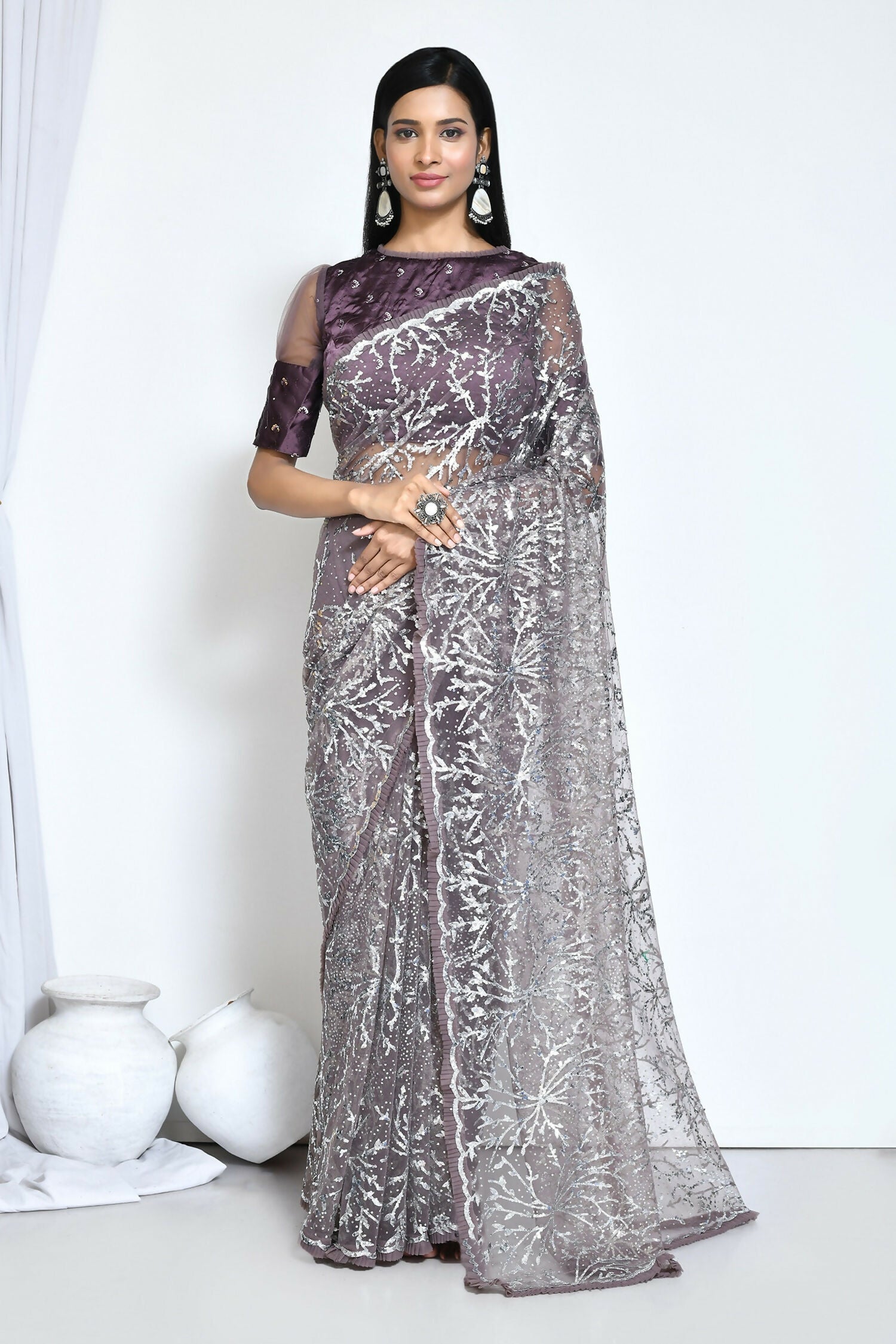 Brown Net Sequence Embroidered Festive Saree - Nimaya Denzy | Grocsy