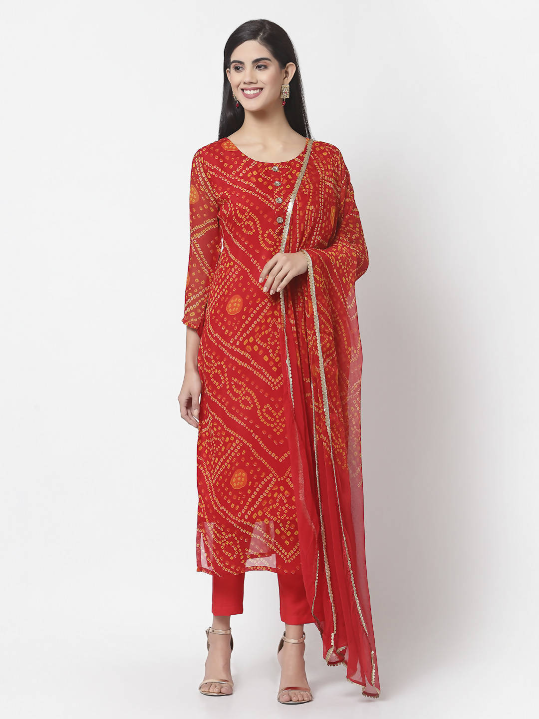 Myshka Women Red Georgette Printed 3/4 Sleeve Round Neck Kurta Pant Dupatta Set | Grocsy